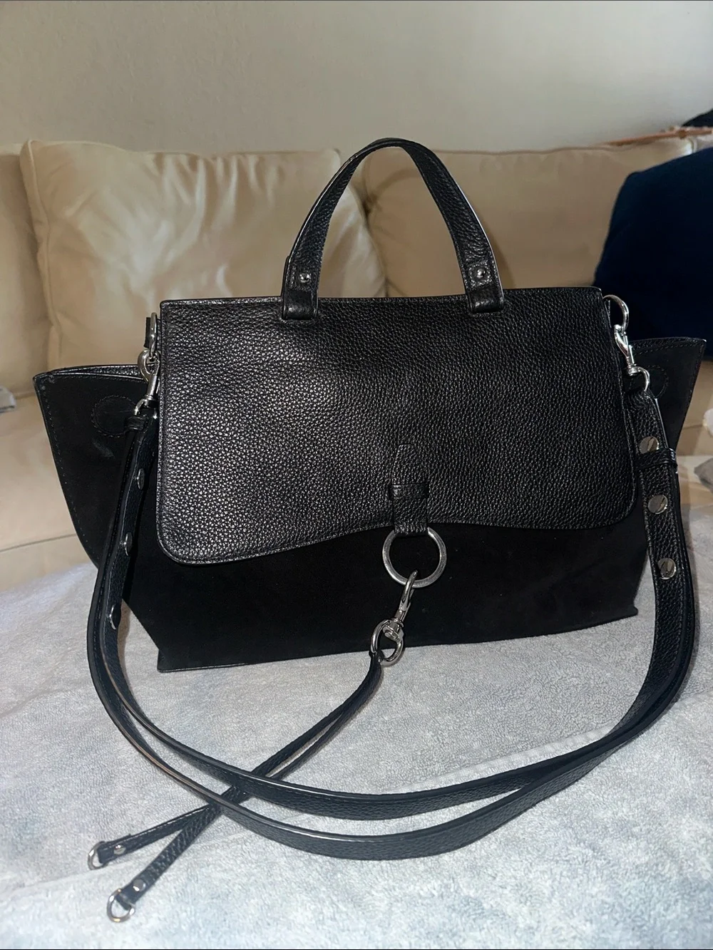 Rebecca Minkoff Keith Suede and Leather Medium Satchel in Black‎